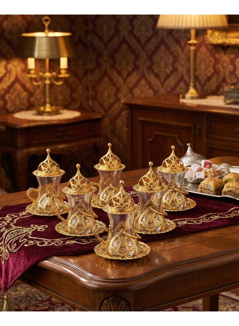 Acar Handmade Copper & Glass Turkish Tea Set (6 Glass Cups with Openable Tops (for Chocolate, Dates, or Turkish Delights) with Copper Saucers, Holders) – Antique Gold Finish, Luxury Design from Türkiye - Image 1